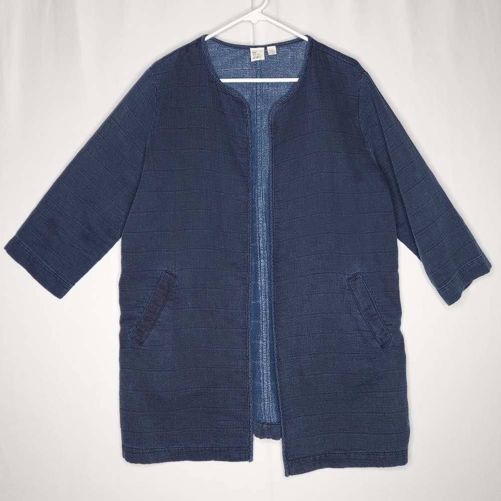 Eileen Fisher Cardigan Large Women Blue Open Front 3/4 Sleeve Pocket Chambray